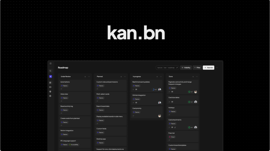 Kan.bn visual roadmap and project management platform showing feature planning, task organization, progress tracking, GitHub integration, automation workflows, and collaborative team management boards.